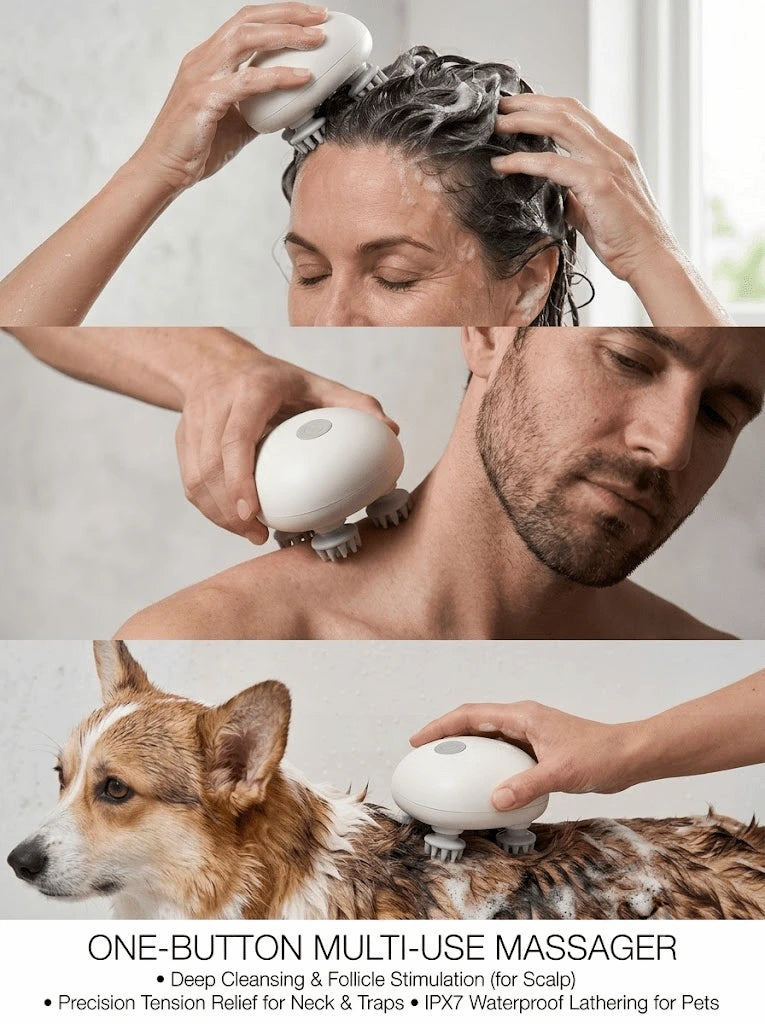ELEVAURE scalp massager multi-functional use — shower, neck, and pet grooming