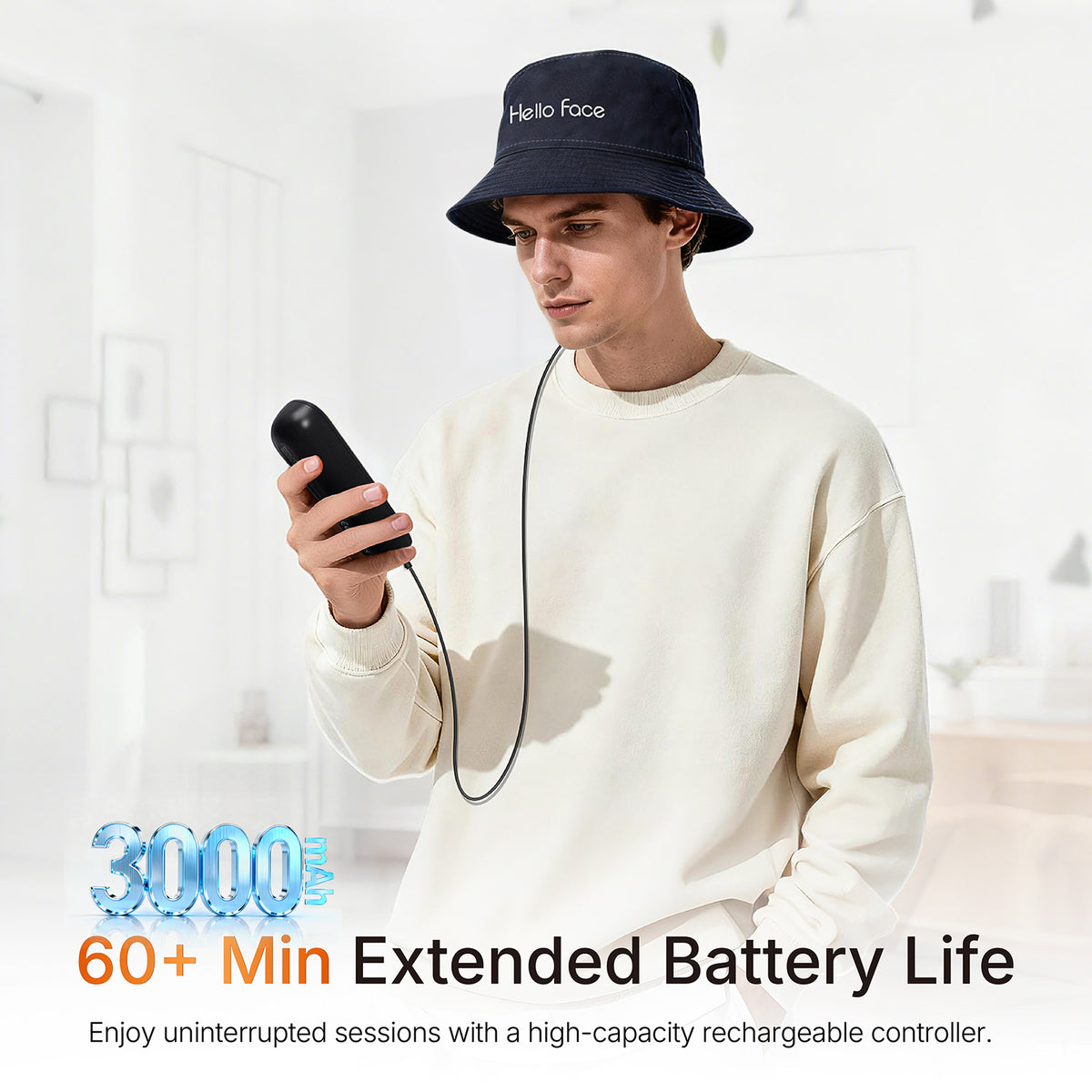 High-capacity 3,000mAh rechargeable controller delivering over 60 minutes of cord-free phototherapy for ELEVAURE hair growth cap