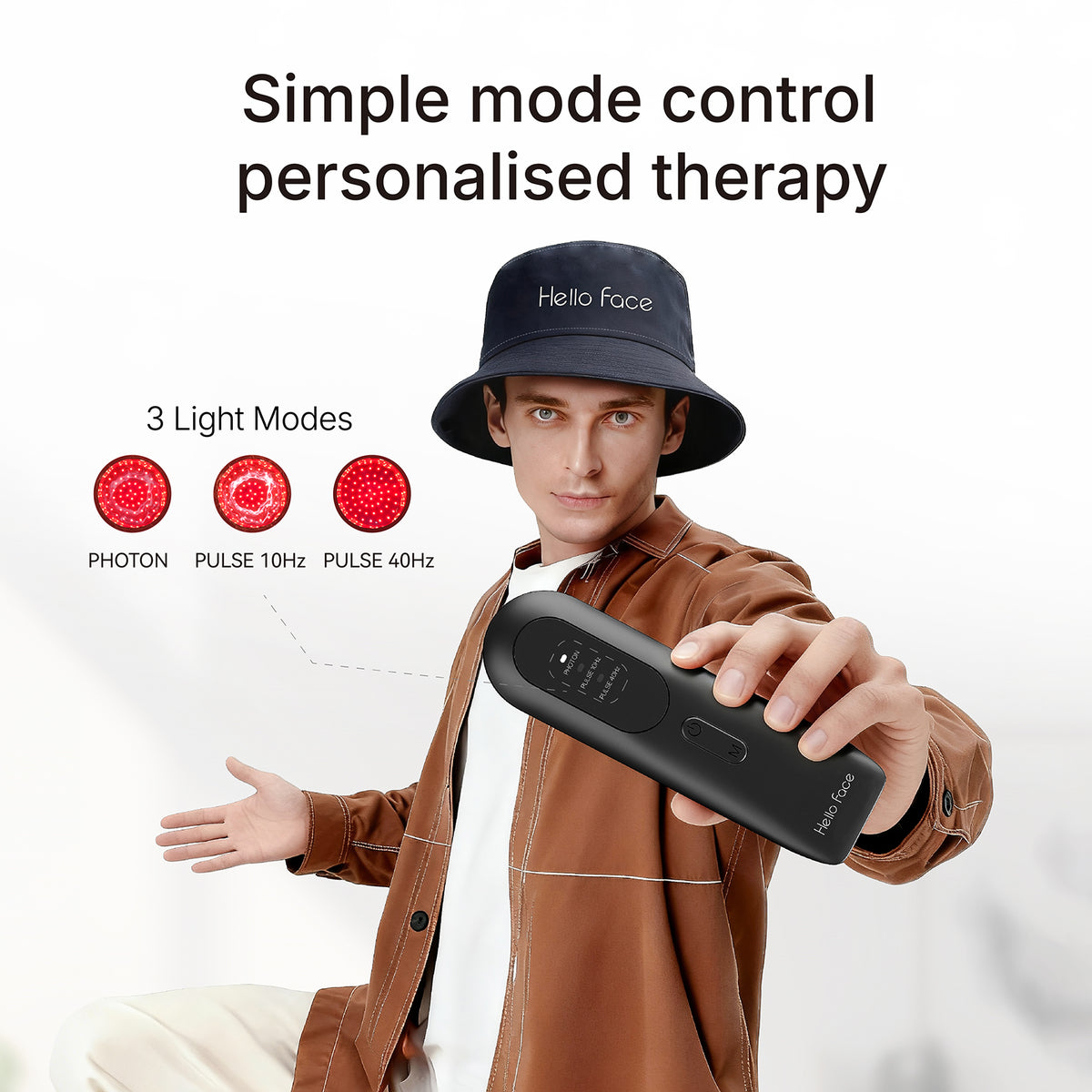 Intelligent wired controller for ELEVAURE hair cap featuring Photon continuous light, 10Hz tension relief, and 40Hz cellular activation modes