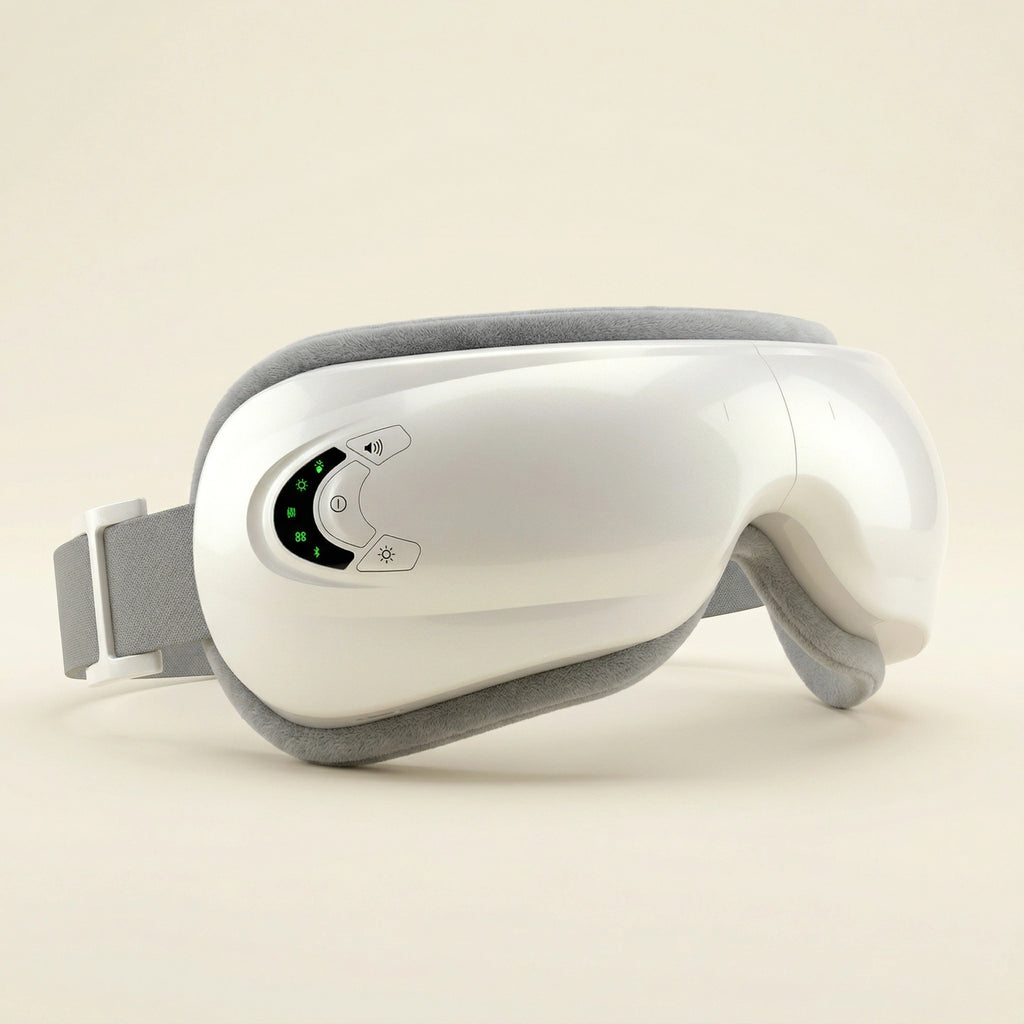 Pearl White elevaure smart heated eye massager with adjustable strap