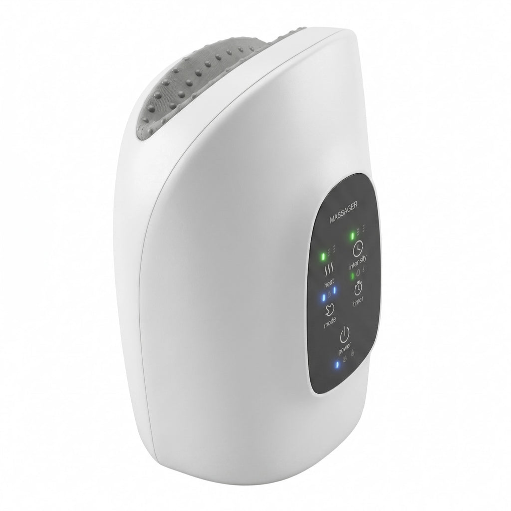 Clinical-white Elevaure smart heated hand massager standing upright against a pure white background, featuring an illuminated digital touch interface with heat, timer, and mode settings for targeted hand pain relief.