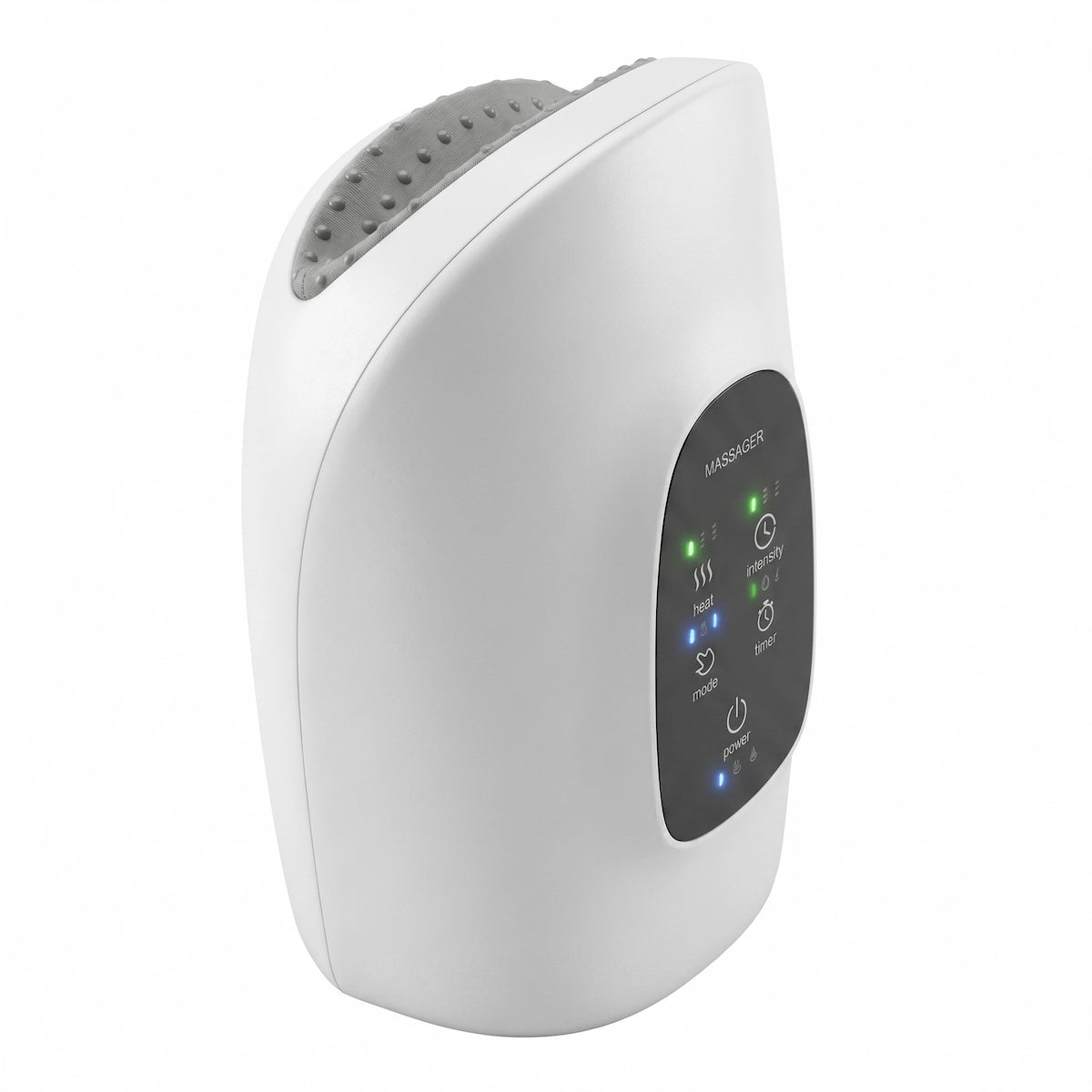 Clinical-white Elevaure smart heated hand massager standing upright against a pure white background, featuring an illuminated digital touch interface with heat, timer, and mode settings for targeted hand pain relief.
