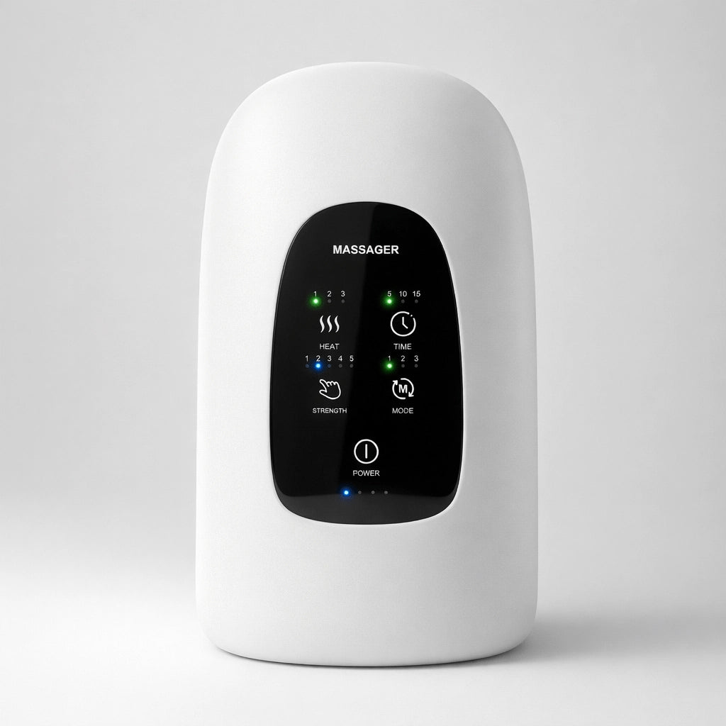 Front view of the Elevaure smart heated hand massager in minimal white, featuring an intuitive digital touch panel.