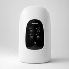 Front view of the Elevaure smart heated hand massager in minimal white, featuring an intuitive digital touch panel.