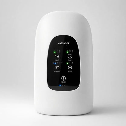 Front view of the Elevaure smart heated hand massager in minimal white, featuring an intuitive digital touch panel.