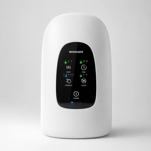 Front view of the Elevaure smart heated hand massager in minimal white, featuring an intuitive digital touch panel.