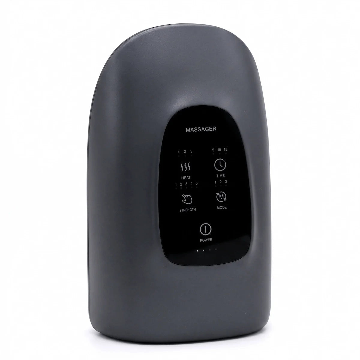Graphite grey Elevaure smart heated hand massager standing vertically, displaying a minimalist matte exterior and responsive touch controls designed for at-home deep tissue hand recovery.