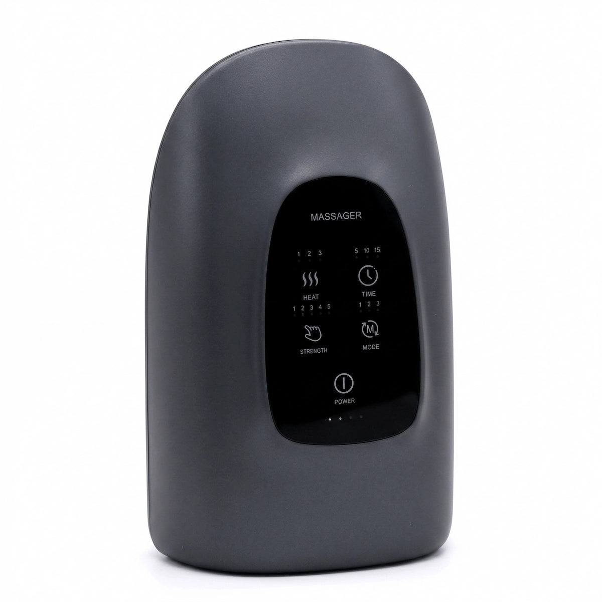 Graphite grey Elevaure smart heated hand massager standing vertically, displaying a minimalist matte exterior and responsive touch controls designed for at-home deep tissue hand recovery.