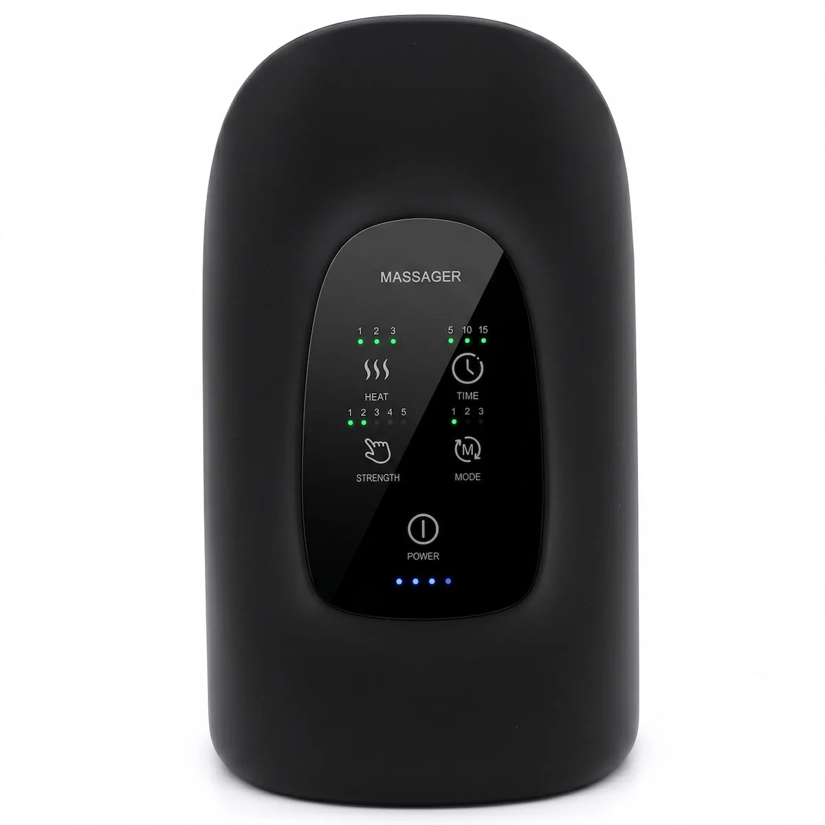 Onyx black Elevaure smart heated hand massager in an upright position, showcasing its ergonomic design and LED indicator panel for customizable rhythmic air compression therapy.