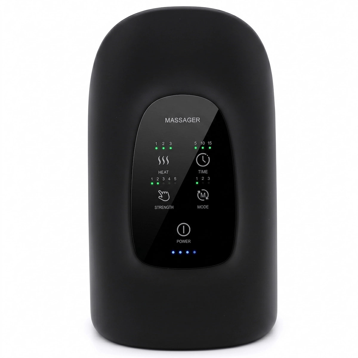 Onyx black Elevaure smart heated hand massager in an upright position, showcasing its ergonomic design and LED indicator panel for customizable rhythmic air compression therapy.