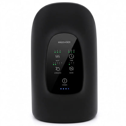 Onyx black Elevaure smart heated hand massager in an upright position, showcasing its ergonomic design and LED indicator panel for customizable rhythmic air compression therapy.