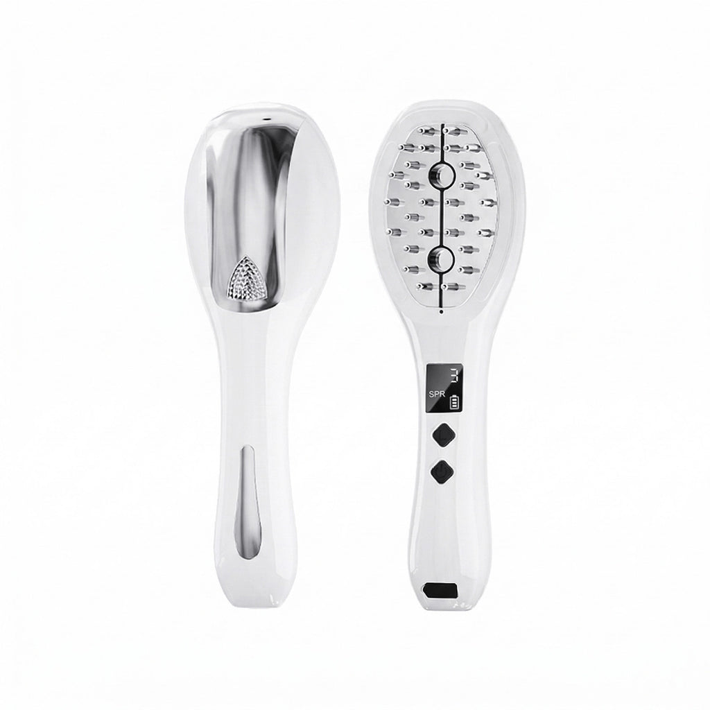 Elevaure 5-in-1 atomizing scalp massage comb front and back view — white