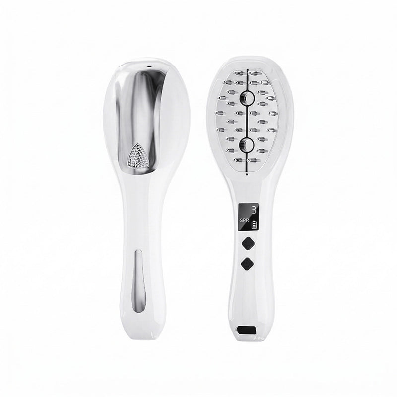 Elevaure 5-in-1 atomizing scalp massage comb front and back view — white