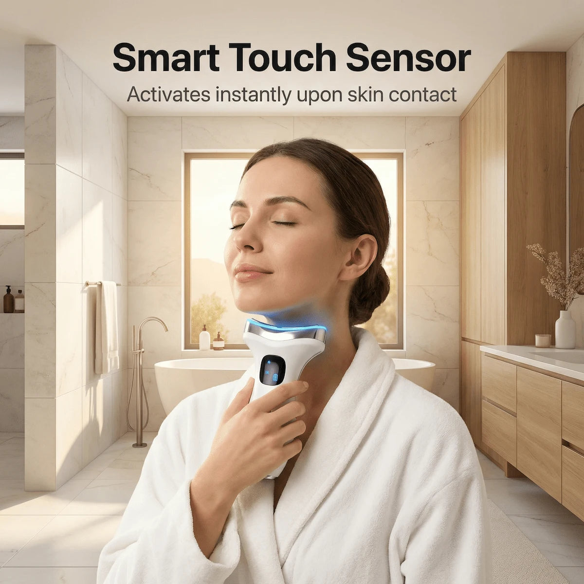 Elevaure hot and cold face massager smart touch sensor in spa lifestyle setting