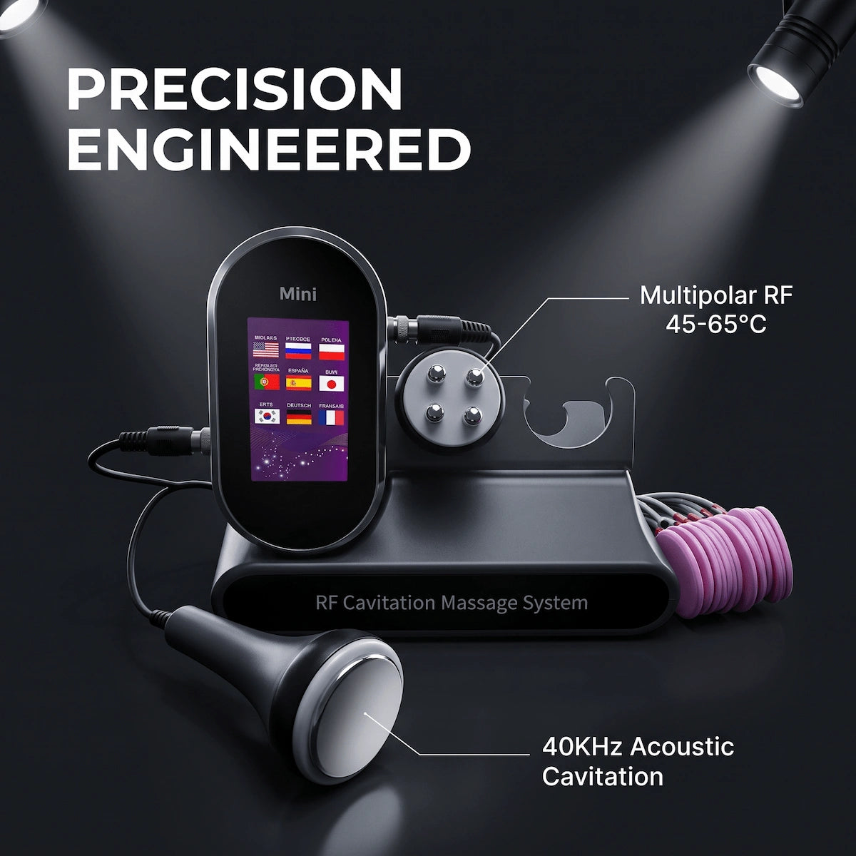 Elevaure RF Cavitation Massage System showing multipolar RF handpiece with 4-point contact at 45–65°C and 40KHz acoustic cavitation handpiece — precision-engineered for home body contouring.