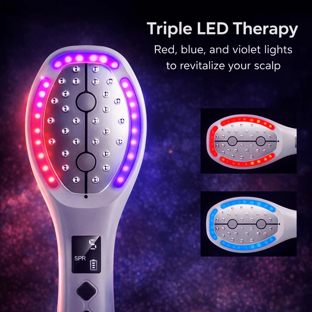 Elevaure triple LED therapy modes — red, blue, and violet light for scalp