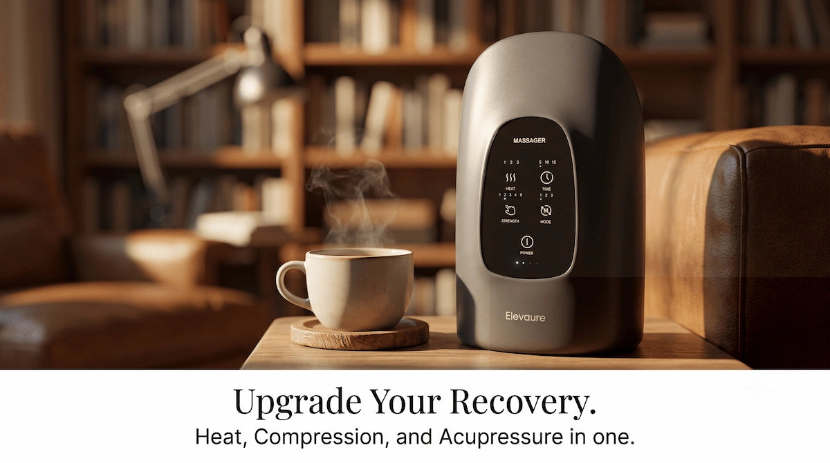 Elevaure heated air compression hand massager on desk for ultimate hand recovery.