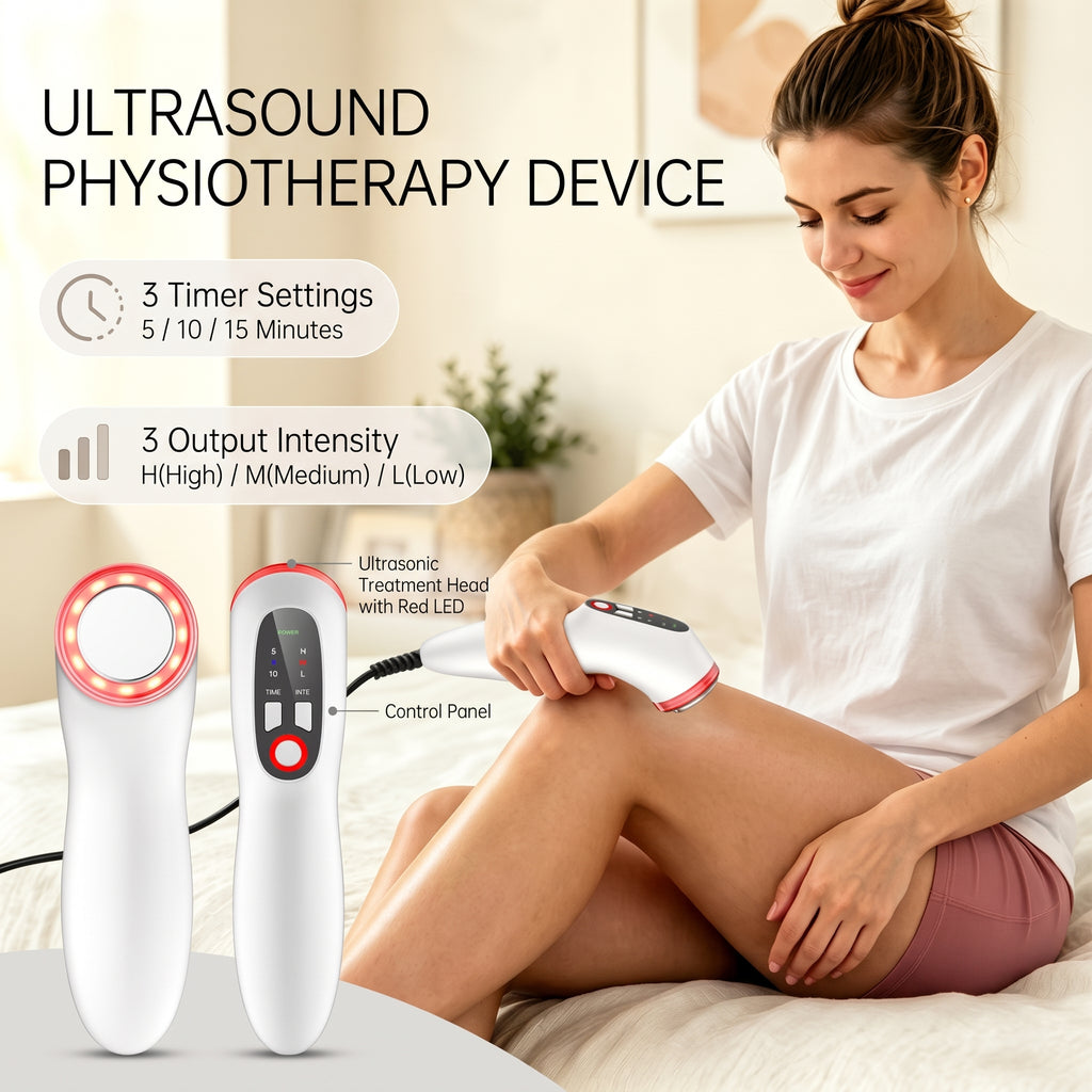 ELEVAURE handheld ultrasound massager with 5, 10, and 15-minute timer settings and High, Medium, and Low output levels, shown beside a person applying the probe to their leg.