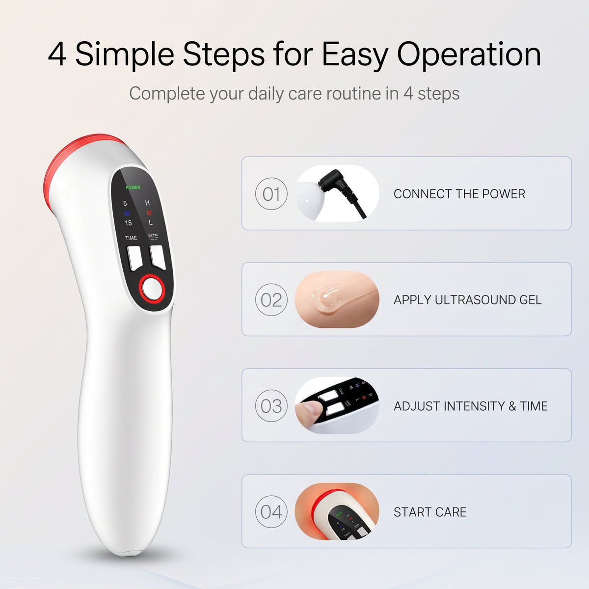 Four-step operating guide for the ELEVAURE ultrasound massager: connect the power, apply ultrasound gel, adjust intensity and time, and start care.