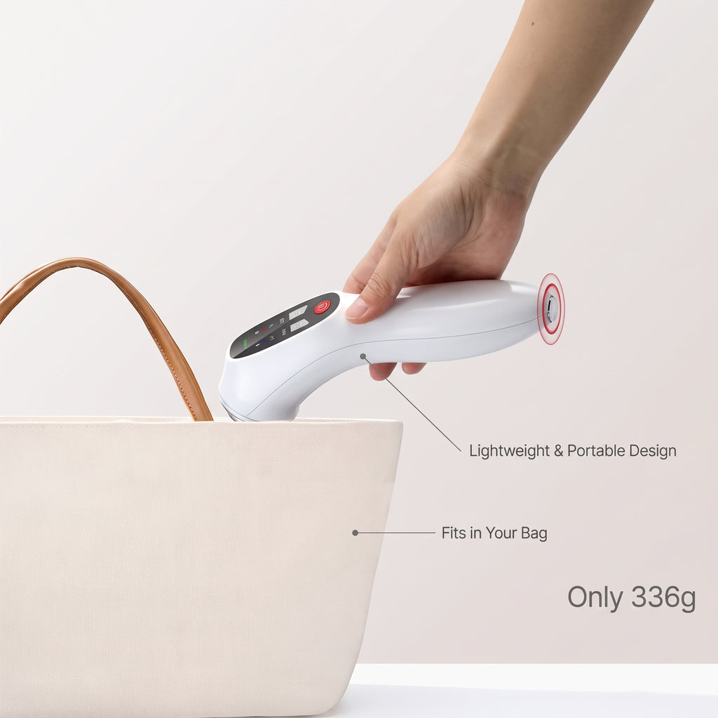 A hand slips the ELEVAURE ultrasound massager into a tote bag to show its lightweight, portable size.