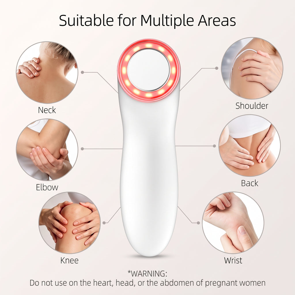 Diagram of the ELEVAURE ultrasound massager ringed by six usage areas: neck, shoulder, elbow, back, knee, and wrist, with a printed warning to avoid the heart, head, and abdomen during pregnancy.