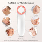 Diagram of the ELEVAURE ultrasound massager ringed by six usage areas: neck, shoulder, elbow, back, knee, and wrist, with a printed warning to avoid the heart, head, and abdomen during pregnancy.