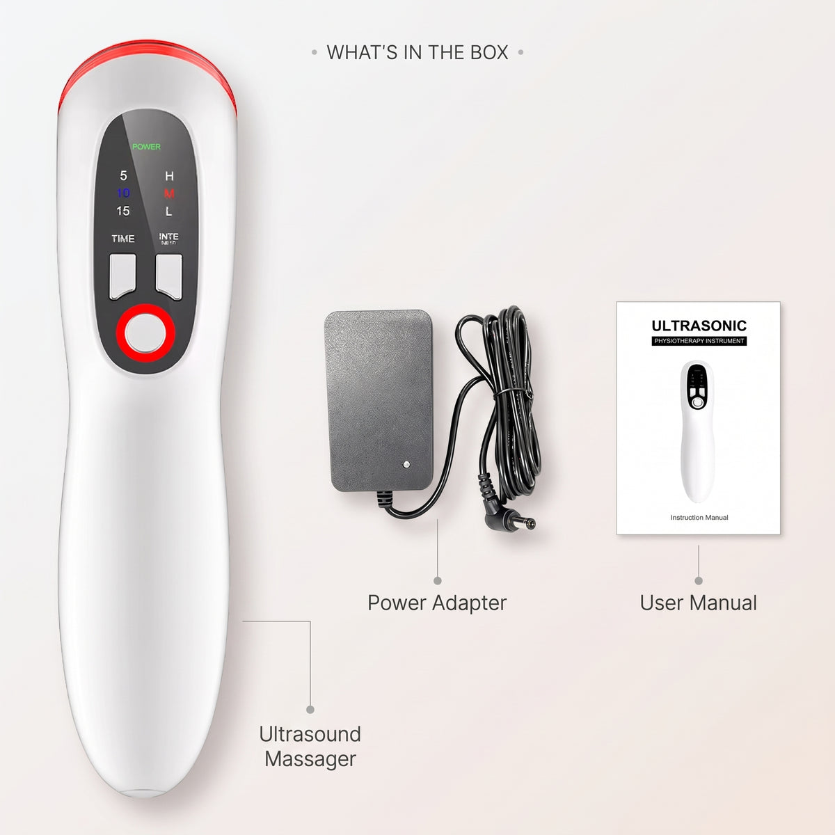What's in the box: the ELEVAURE ultrasound massager, a power adapter, and the user manual.
