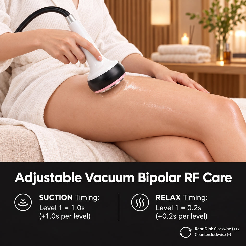 Close-up of Vacuum Bipolar RF handpiece gliding upward on a thigh with body oil, illustrating adjustable 1.0s suction and 0.2s relaxation timing controls.