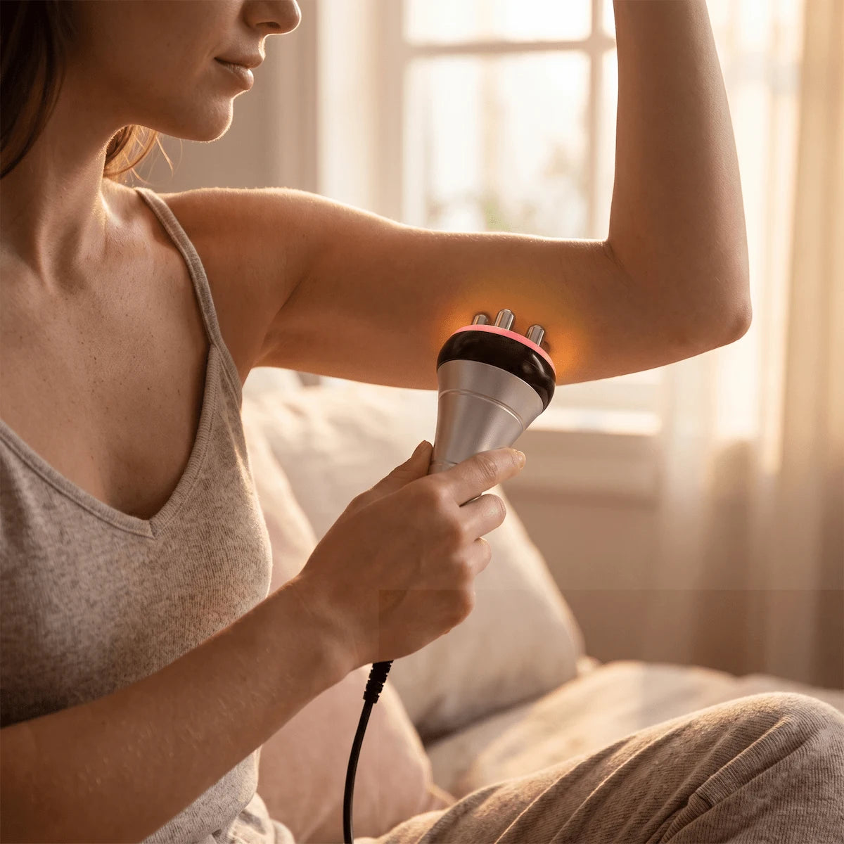 Vacuum RF cavitation head applied to abdomen skin with transparent contouring gel for body sculpting treatment