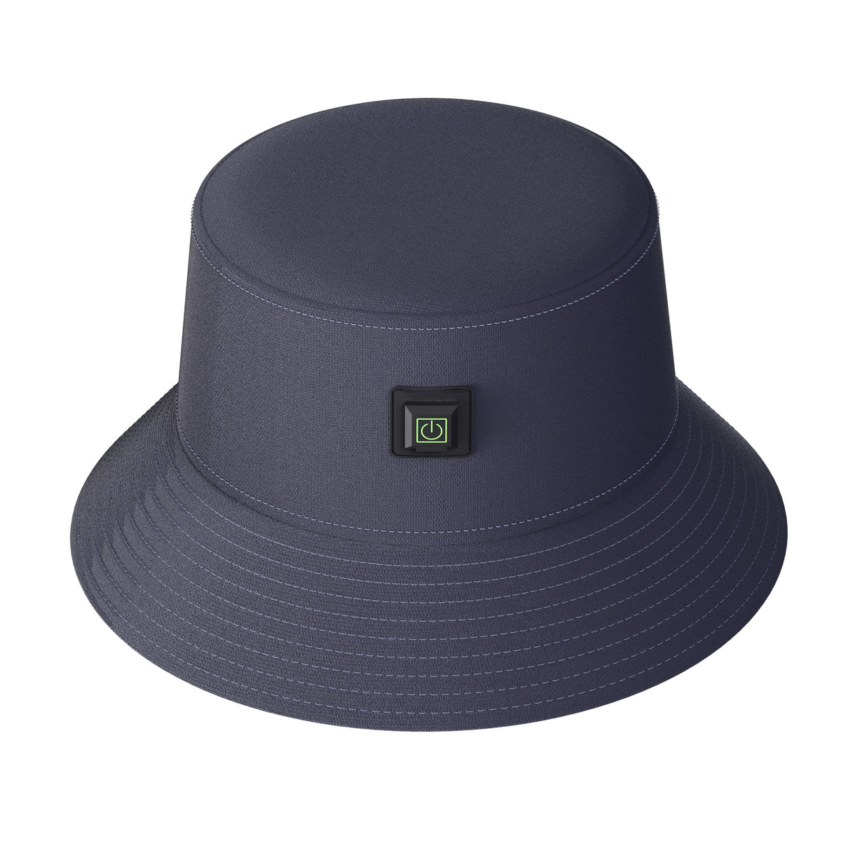 Top view of ELEVAURE hair therapy cap in tailored charcoal bucket hat design with integrated one-touch control button