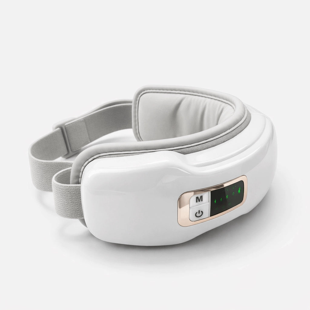 White intelligent acupressure eye massager shown from a front angle, highlighting its sleek modern design.