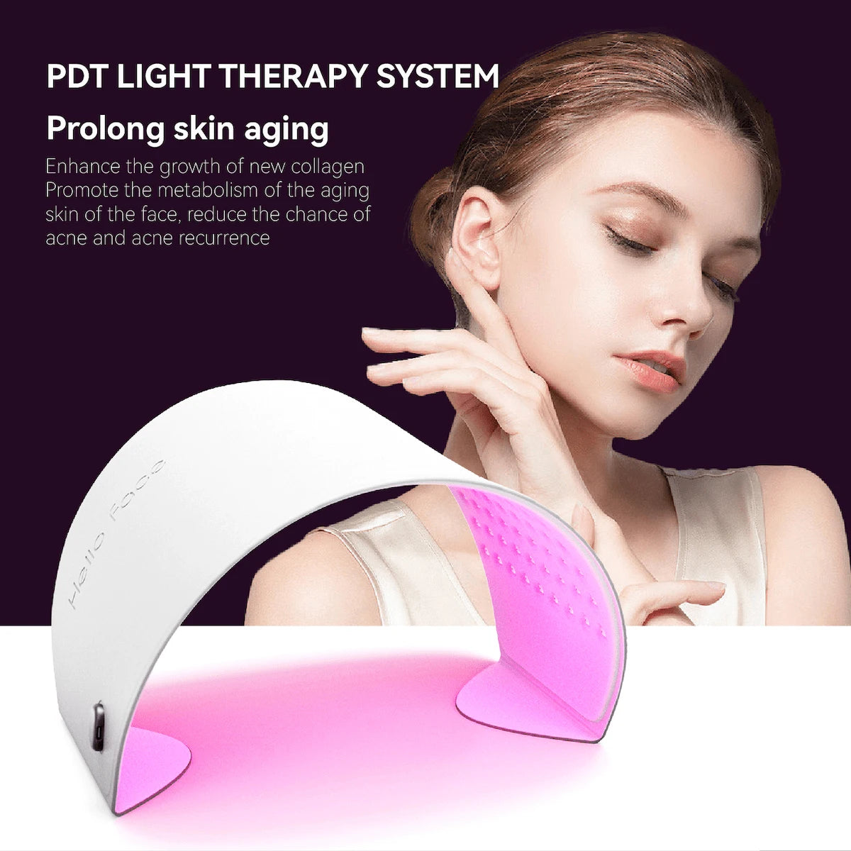 Woman reclining under the arched Elevaure flexible LED light therapy canopy wearing protective goggles for gentle home facial wrinkle care.