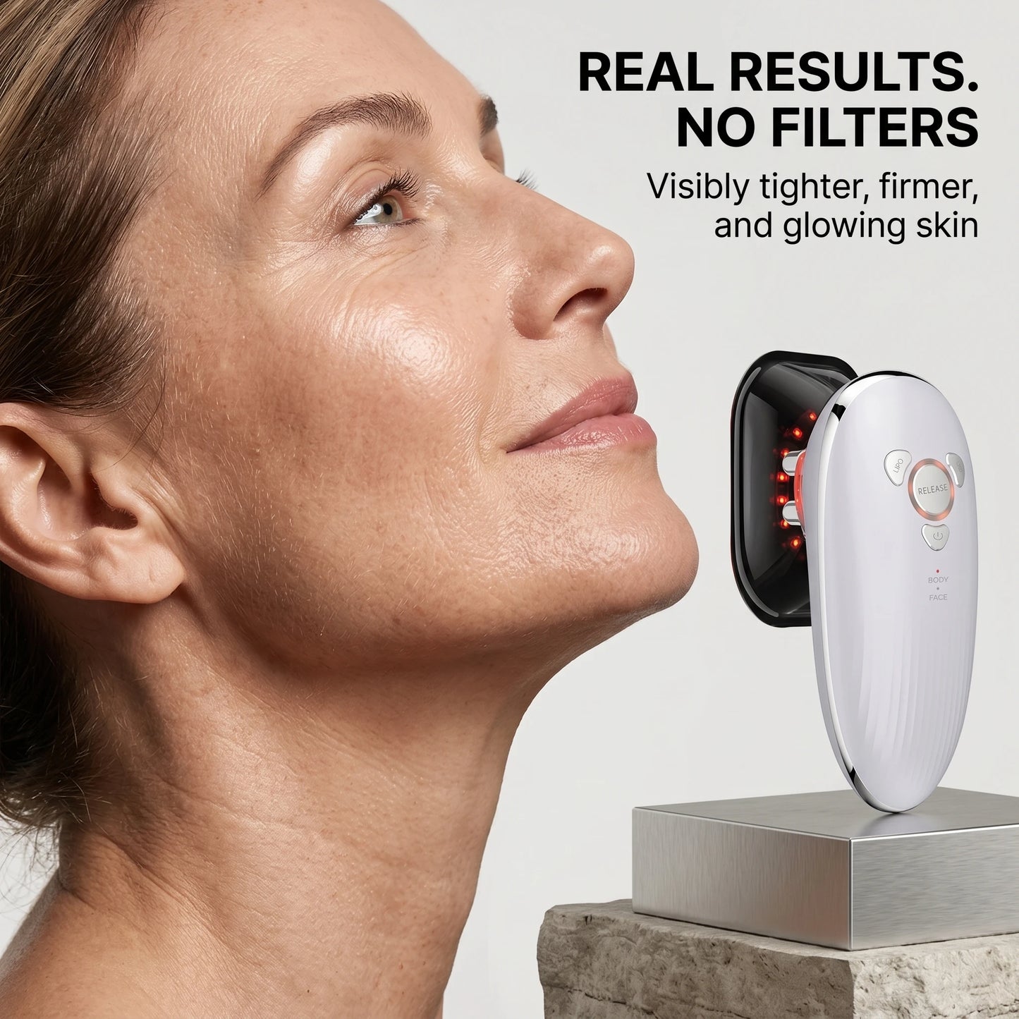 Unretouched glowing skin showing the natural firming results of the microcurrent face lift and body contouring machine.