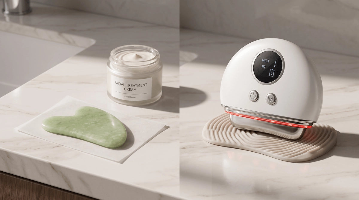 Comparison between a traditional jade gua sha stone and the REVITALIZE PRO electric EMS face massager.