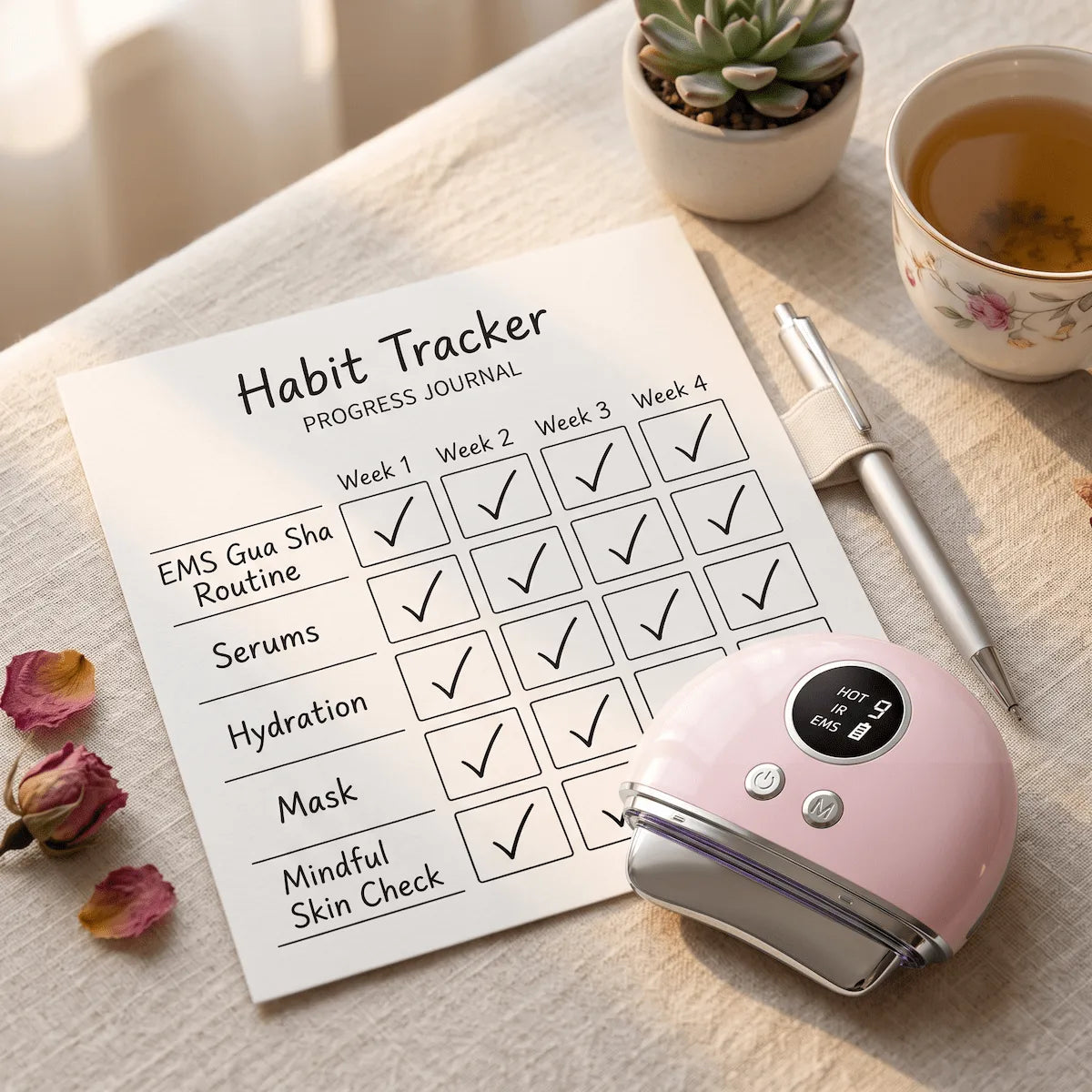 A habit tracker calendar next to an EMS facial massager, symbolizing the importance of daily consistency for jawline sculpting.