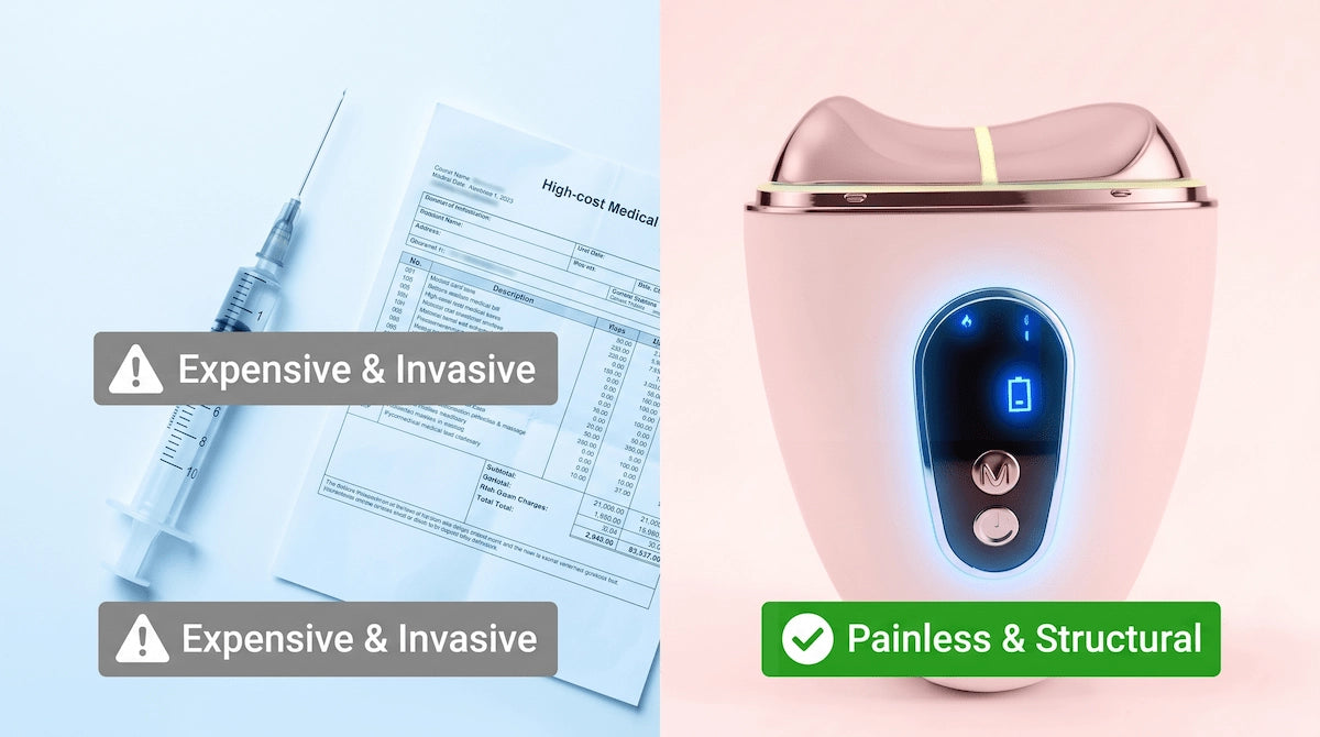 Comparison image showing invasive dermal filler needles versus the non-invasive, painless ELEVAURE EMS facial device.