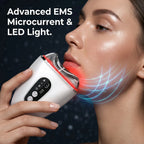 Elevaure sculptor gliding on a woman's face emitting LED light with stylized graphics showing EMS microcurrent energy.