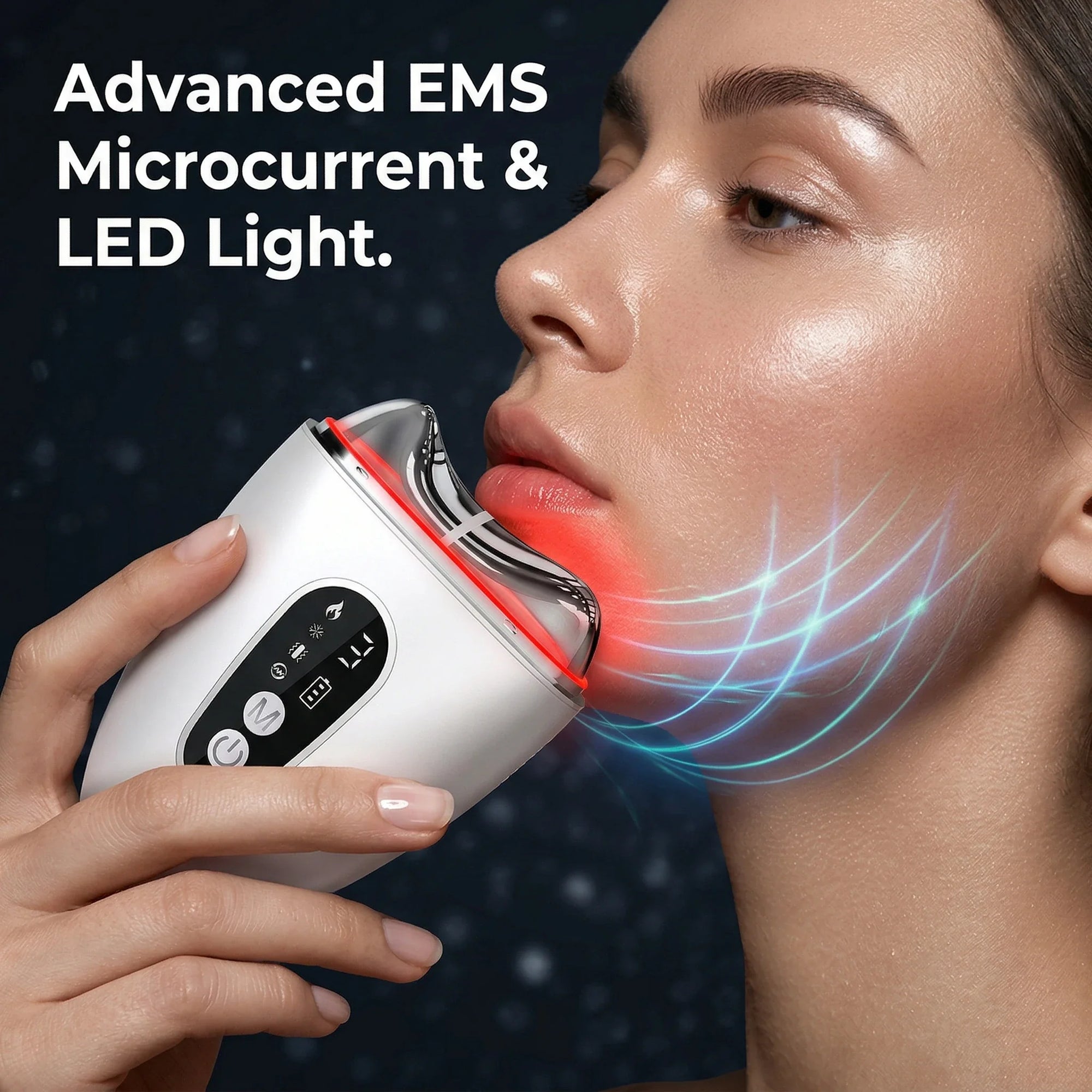 Elevaure sculptor gliding on a woman's face emitting LED light with stylized graphics showing EMS microcurrent energy.