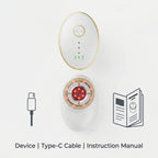 Flat lay showing what is included with the ELEVAURE EMS face massager: the main device, Type-C charging cable, and instruction manual.