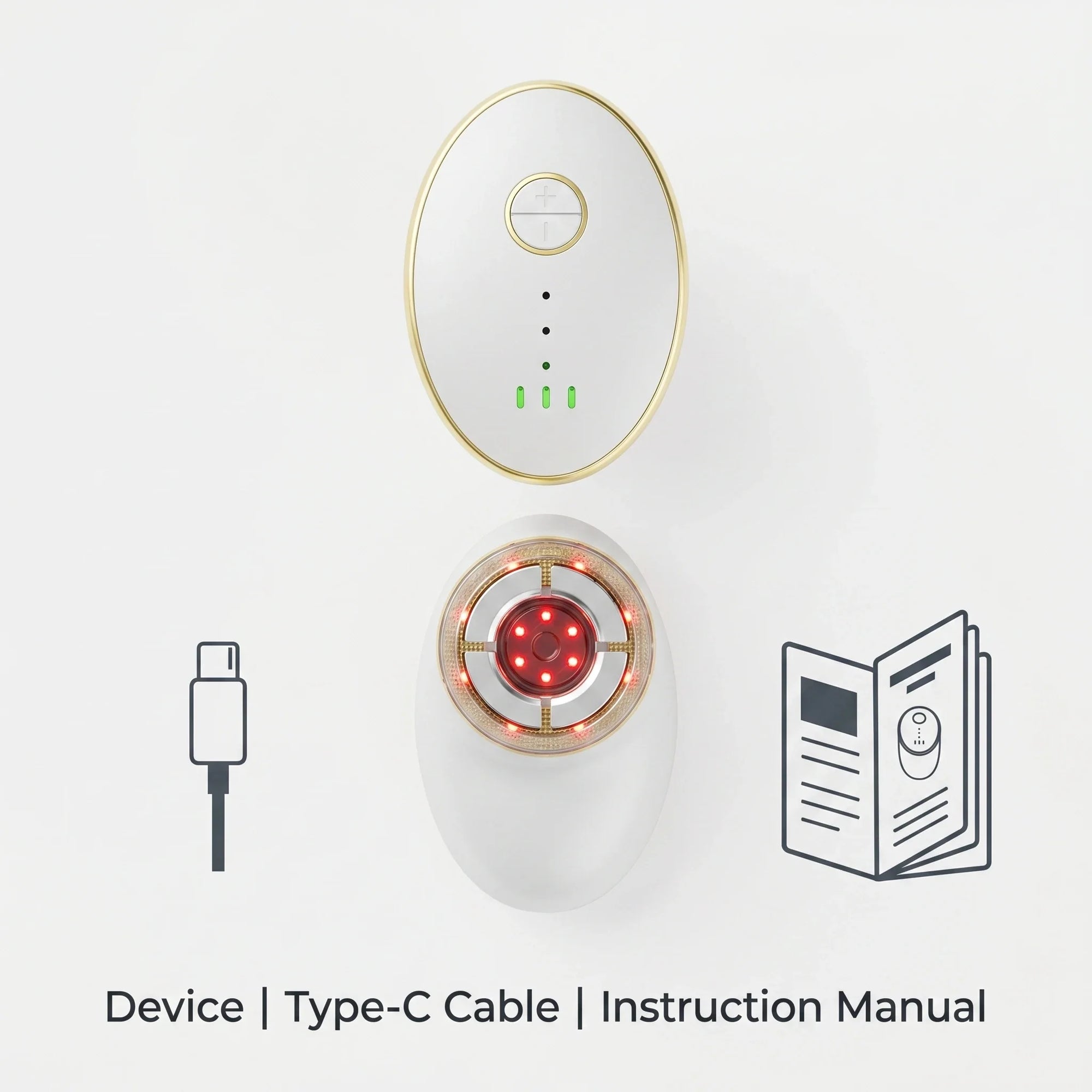 Flat lay showing what is included with the ELEVAURE EMS face massager: the main device, Type-C charging cable, and instruction manual.