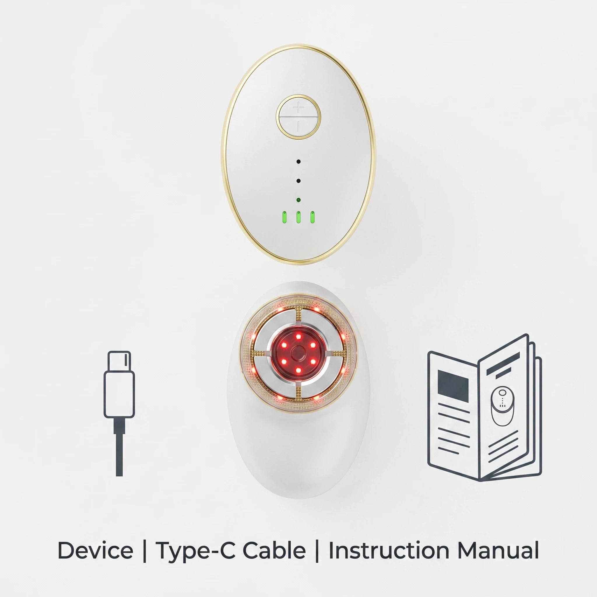 Flat lay showing what is included with the ELEVAURE EMS face massager: the main device, Type-C charging cable, and instruction manual.