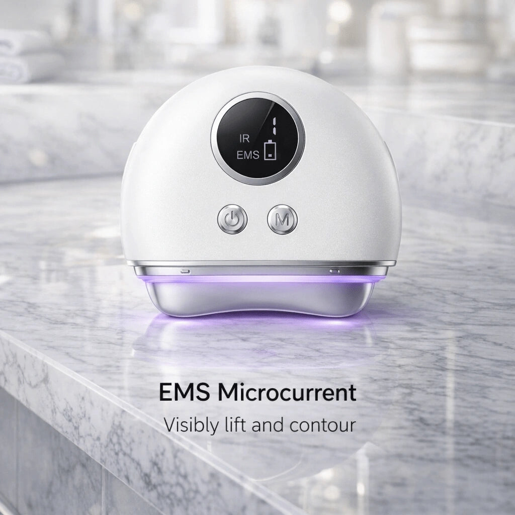 EMS microcurrent facial massager emitting violet light for lymphatic drainage and skin renewal