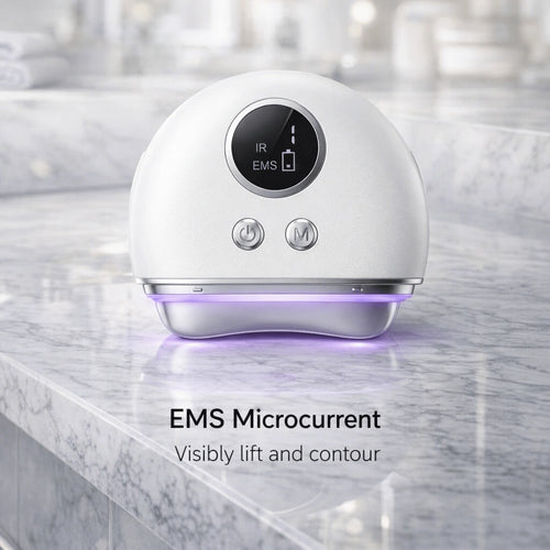 EMS microcurrent facial massager emitting violet light for lymphatic drainage and skin renewal