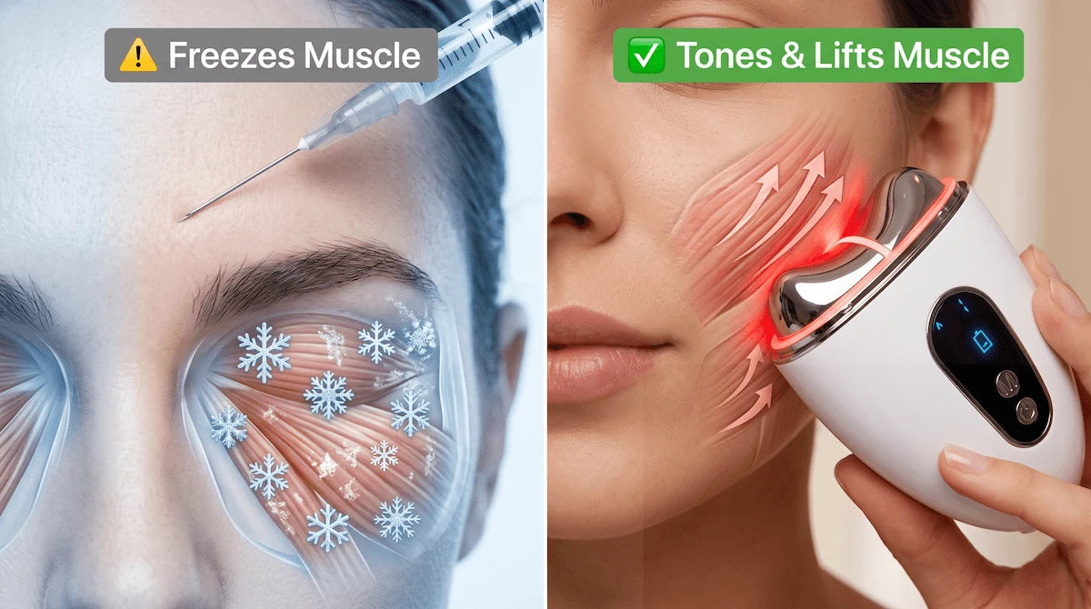 Comparison illustrating how preventative Botox freezes facial muscles while EMS microcurrent actively tones and lifts them.