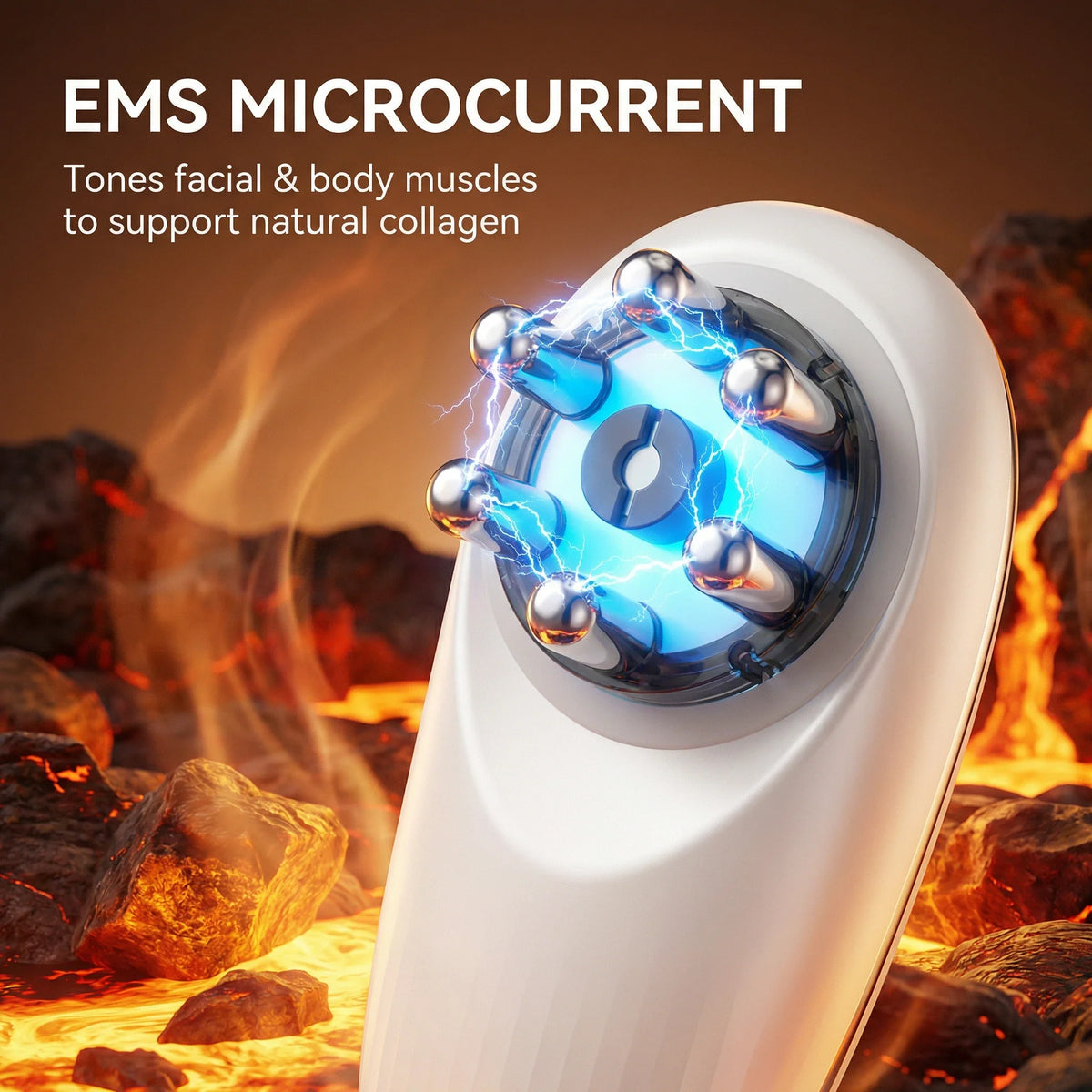 Close-up of the EMS microcurrent nodes on the Elevaure Face & Body Sculpting Massager, showing the 6 silver electrodes that deliver low-frequency electrical pulses to stimulate muscle contractions and support skin firming.