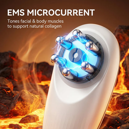 Macro view of the EMS microcurrent nodes on the skin tightening device, stimulating muscle contractions for natural firming.