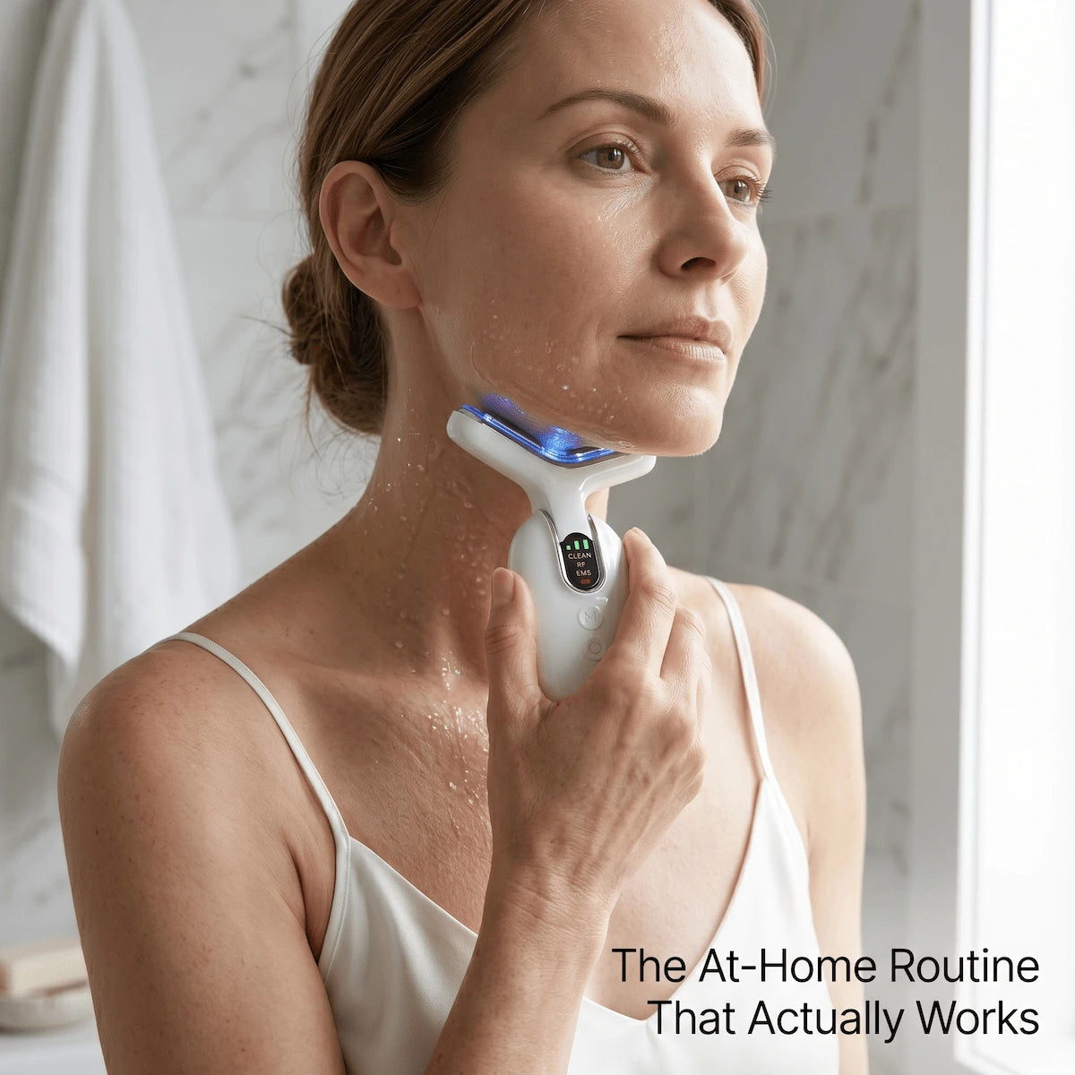 A woman using an EMS and RF neck device at home, gliding the ergonomic massager upward along her jawline with conductive gel.