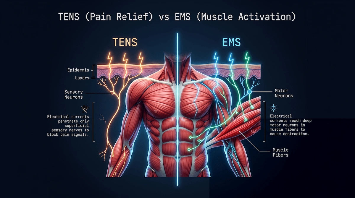 Medical diagram showing the difference between EMS targeting motor neurons and TENS targeting sensory neurons.