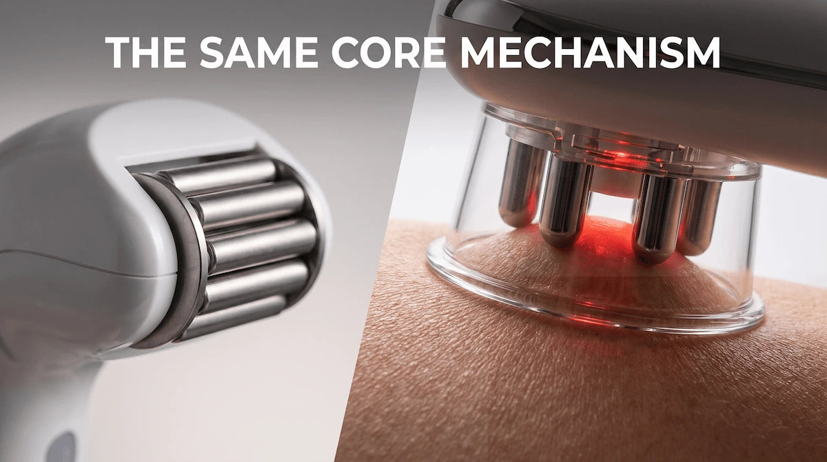 Close-up comparison of the vacuum suction mechanism used in professional clinics and the Elevaure at-home device.