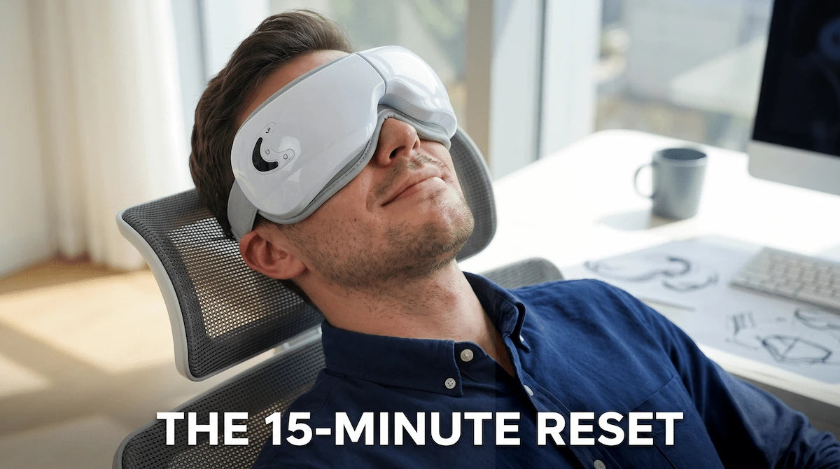 Male engineer relaxing in an ergonomic chair wearing the Elevaure smart eye massager during a work break.